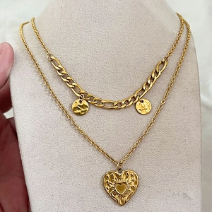 Vintage Heart Pendant Necklace Gold Plated Titanium Steel Double Layered Sunray Disc Charm Jewelry For Women