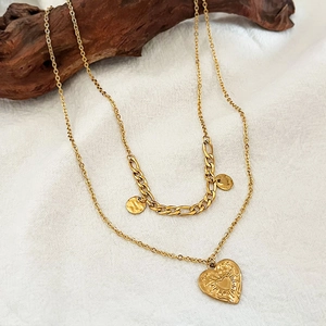 Double layer gold titanium necklace with Cuban chain and textured heart pendant