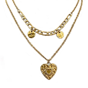 Double-layer gold heart necklace with Figaro chain and hammered sunburst pendants