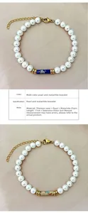 Detail of pearl beaded bracelet with malachite tube and golden lobster clasp 17cm
