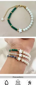 Detail of beaded star charms bracelet with faux pearl and malachite green stone beads