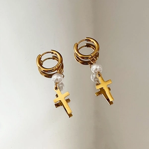 Boucles d'oreilles créoles en acier inoxydable doré 18k avec perle et pendentif croix