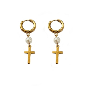 Boucles d'oreilles classiques en acier inoxydable doré 18k avec croix et perles