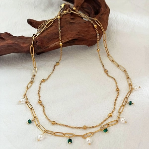 Collier Double Épaisseur En Acier Titane Avec Künstliche Perle Et Malachite Chaîne Trombone Bijoux Vintage Pour Femme