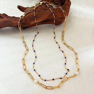 Collier Double Rang Acier Titane Plaqué Or Avec Künstliche Perle Et Künstliche Perles Huile Bleue Chaîne Trombone Bijoux Minimalistes Femmes