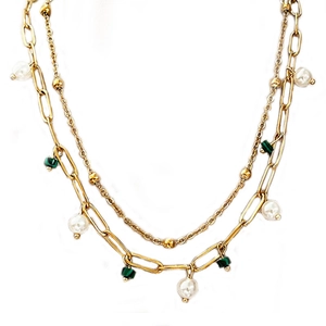 Collier double rang vintage français avec perles et malachite sur chaîne trombone dorée
