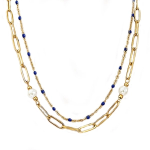 Collier double épaisseur en acier titane plaqué or avec perles blanches et perles bleues