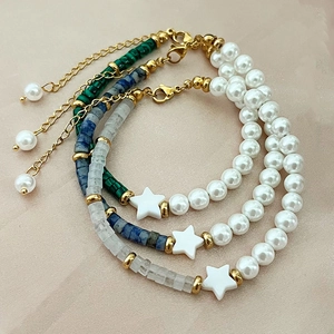 Stainless Steel Beaded Bracelet With Imitation Artificial Pearl Natural Stone Malachite White Star Charm Bohemian Adjustable Jewelry