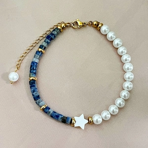 Bohemian stainless steel beaded bracelet with blue stones, pearls and a star charm