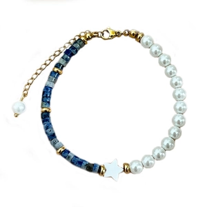 Bohemian handmade beaded bracelet with blue stone squares, white pearls, and a star charm
