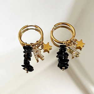 Stainless Steel Hoop Earrings With Natural Stone Star And Rhinestone Initial Pendants 18K Gold Plated Jewelry For Women