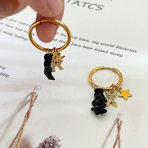 18k gold-plated stainless steel hoop earrings with star, letter R, and black natural stone