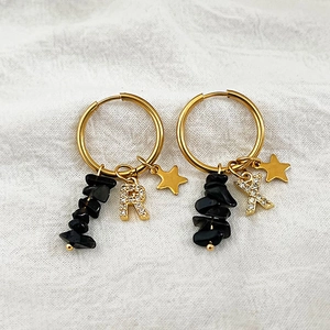 Gold star earrings with black natural stones and crystal letter pendants for women