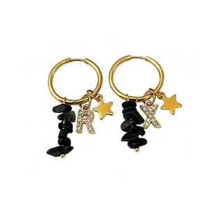 18k gold plated hoop earrings featuring natural black stone star and initial pendants