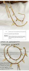 Double-layered gold titanium steel bracelet with cross and lightning charms, 17+5cm length