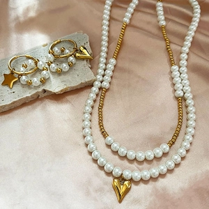 French Vintage Multi Layer Beaded Necklace With Heart Pendant Stainless Steel Imitation Artificial Pearl Elegant Jewelry For Women