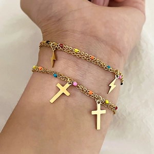 Double Layer Titanium Steel Bracelet With Colorful Beads Cross And Lightning Pendants Gold Plated Fashion Jewelry For Women