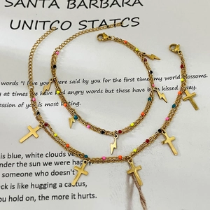 Double-layered gold titanium steel necklace with colorful beads and cross pendants