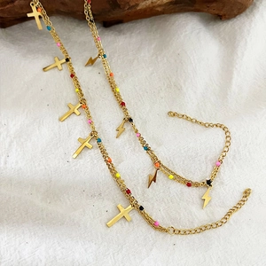 Golden double-layer cross and lightning pendant necklace with colorful beads