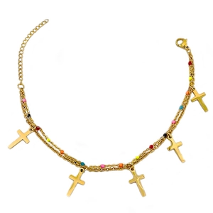 Double-layer gold chain necklace with colorful beads and five small cross pendants