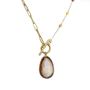 Minimalist gold titanium paperclip chain necklace with colorful beads and shell pendant