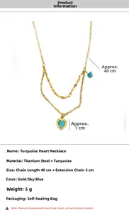 Detailed size chart of a 40cm+5cm 18K gold-plated double-layer necklace with blue stone