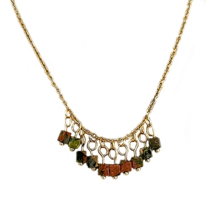 Cat eye stone fringe necklace with green unakite cube beads and gold chain tassels