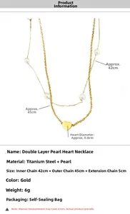 Détail du collier double rang en titane doré avec perles et pendentif cœur
