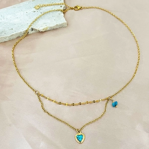 Double Layered Heart Necklace 18K Gold Plated Titanium Steel With Turquoise Stone Irregular Bead Bohemian Retro Jewelry