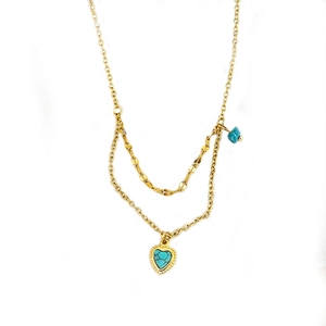 Double layer 18K gold plated necklace featuring heart turquoise pendant and irregular bead