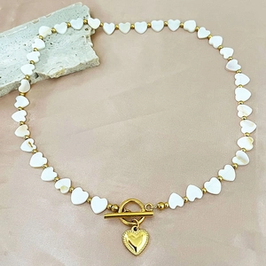 French Style Heart Shell Beaded Necklace Stainless Steel Gold Plated With Heart Pendant OT Toggle Clasp For Women