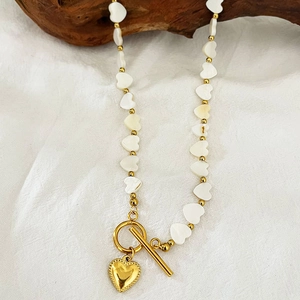 French vintage heart shell beaded stainless steel OT necklace with gold toggle clasp