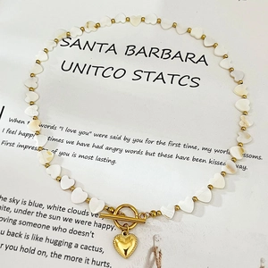 French style white heart shell beads necklace with golden heart pendant and OT clasp