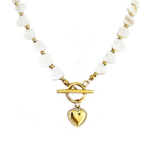 French style heart shell beaded stainless steel necklace with gold OT toggle clasp
