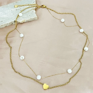 Collier Double Rang Avec Pendentif Coeur Et Künstliche Perles Acier Inoxydable Bijoux Élégants Pour Femmes