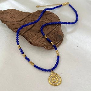 Vintage Beaded Necklace With Golden Stainless Steel Spiral Swirl Pendant Blue Faceted Beads Jewelry For Women