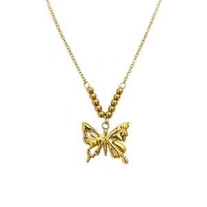 Goldene Schmetterlingshalskette im Liquid-Metal-Stil mit Perlen auf minimalistischer Kette