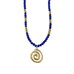 Retro beaded necklace with dark blue faceted beads and a gold spiral pendant