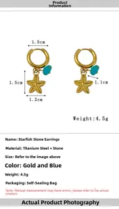 Detail view of starfish earrings with blue stone inlay and 1.5cm dimension specs