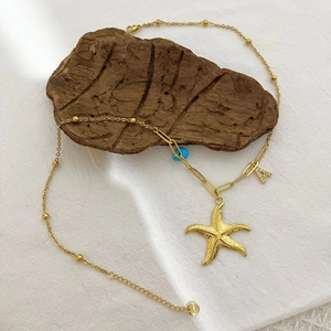 Collier Pendentif Étoile De Mer Lettre A Pour Femmes En Acier Titane Perle De Pierre Bleue Bijoux Style Plage