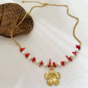 Flower Pendant Necklace With Stainless Steel Artificial Pearls And Red Gravel Handmade Beaded Vintage Bohemia Jewelry For Women