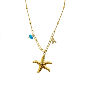 Collier étoile de mer doré avec pendentif lettre A en strass et perle turquoise chic