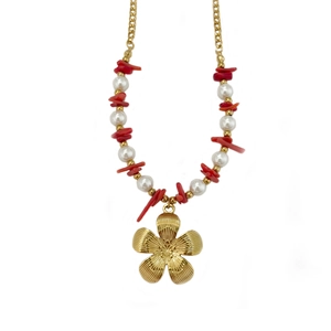 Elegant gold flower necklace with white pearls and red coral stone chips for women
