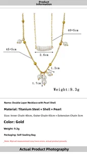 Detail view of double-layer gold titanium necklace with pearls and shell pendant dimensions