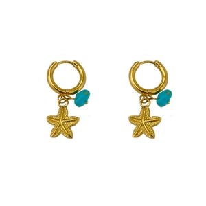 Gold starfish drop earrings with turquoise beads on white background for beach fashion