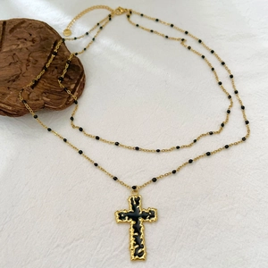 Collana Doppio Strato Croce Gotica Vintage Acciaio Inossidabile Placcato Oro 18K Catena Perline Smalto Nero Donna