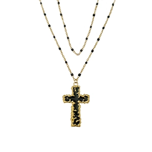 Collana a doppio strato placcata oro 18k con perline nere e ciondolo a croce in smalto