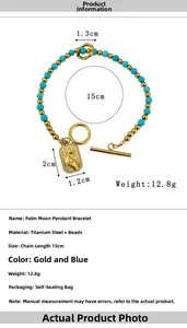 Detail of beaded bracelet with blue stones, OT clasp, and moon engraved pendant