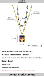 Detailed specs of double-layer gold necklace with evil eye and rectangular pendant