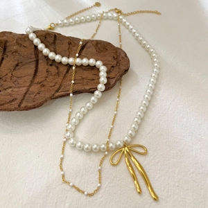 Collier Superposé Pour Femmes Acier Titane Künstliche Perle Pendentif Noeud Doré Émail Élégant Chaîne Clavicule Vintage Français Bijoux